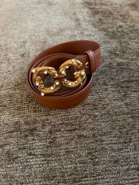 Dolce & Gabbana Cognac Leather Belt with Gold Pearl Double-G Buckle